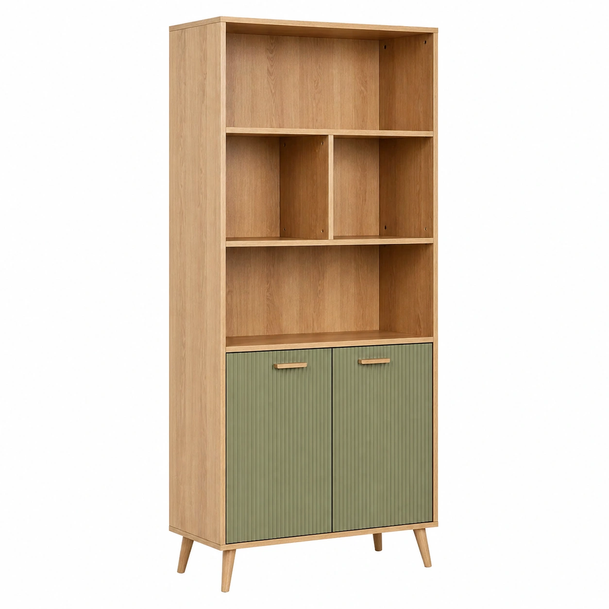 Estantería Moderna con Armario Inferior Verde Oliva y Acabado Madera Natural-loftvia