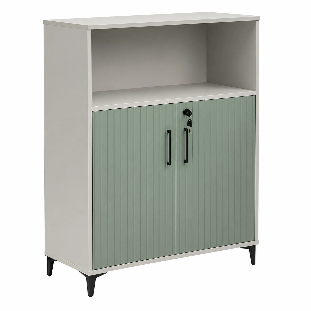 Mueble de Oficina Multifuncional con Estantes y Puertas – Verde Salvia/Gris Claro-loftvia