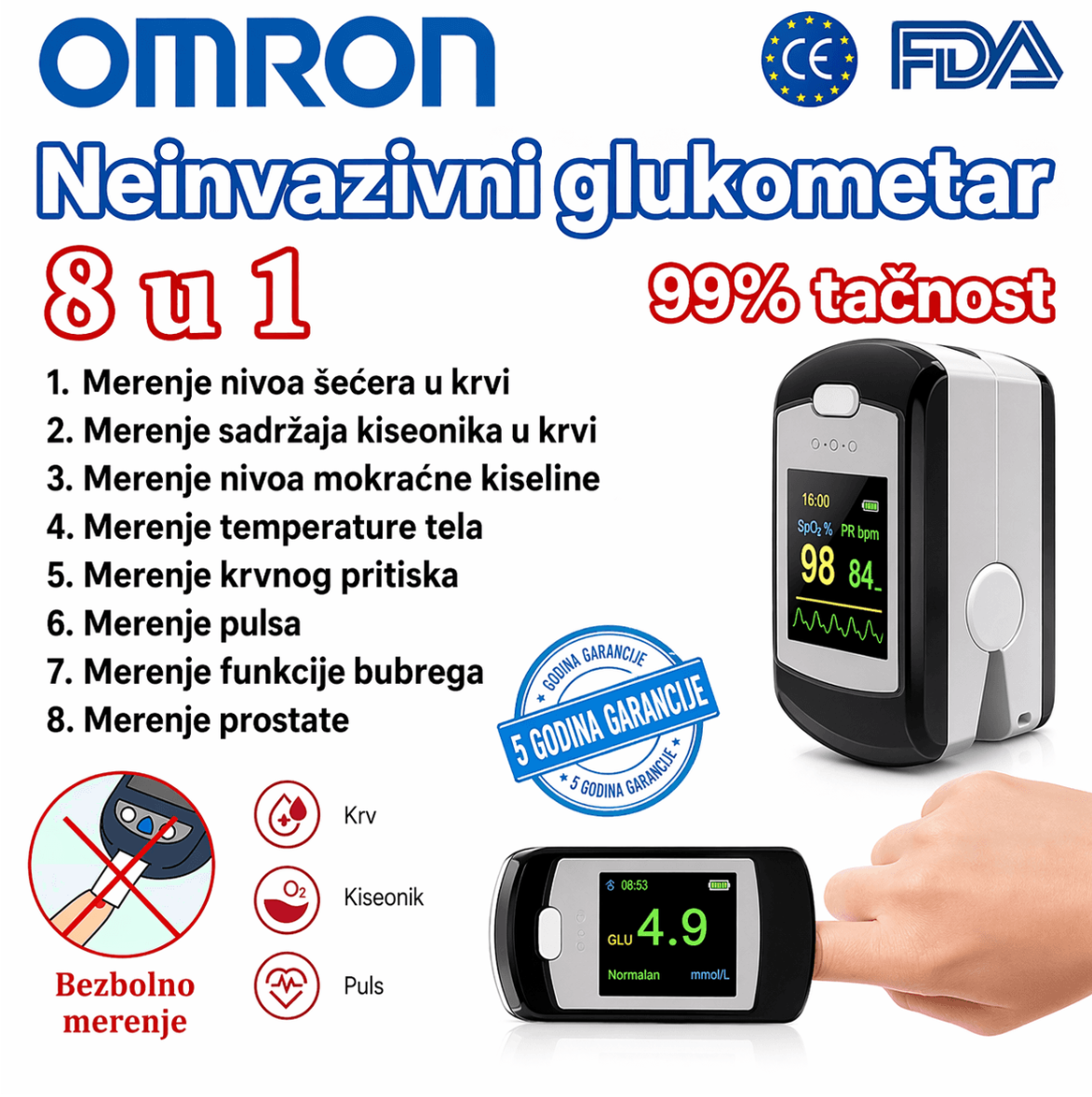 Омрон неинвазивни глукометар (мерење од 5 секунди / тачност од 99%)