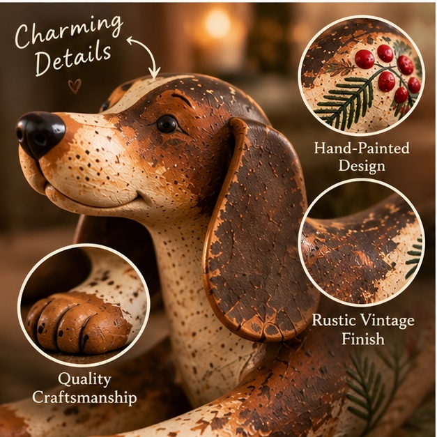 Christmas Dachshund Figurine – Rustic Farmhouse Holiday Dog Decor with Holly & Evergreen Accents