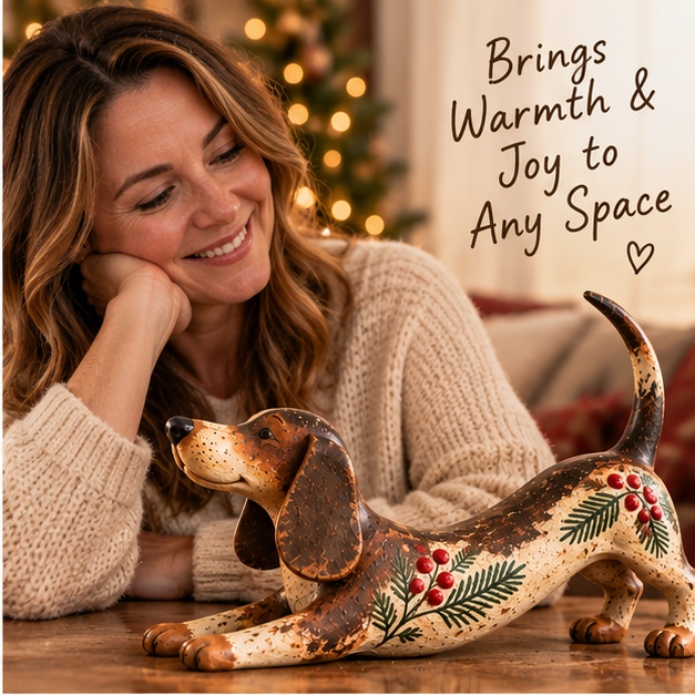 Christmas Dachshund Figurine – Rustic Farmhouse Holiday Dog Decor with Holly & Evergreen Accents