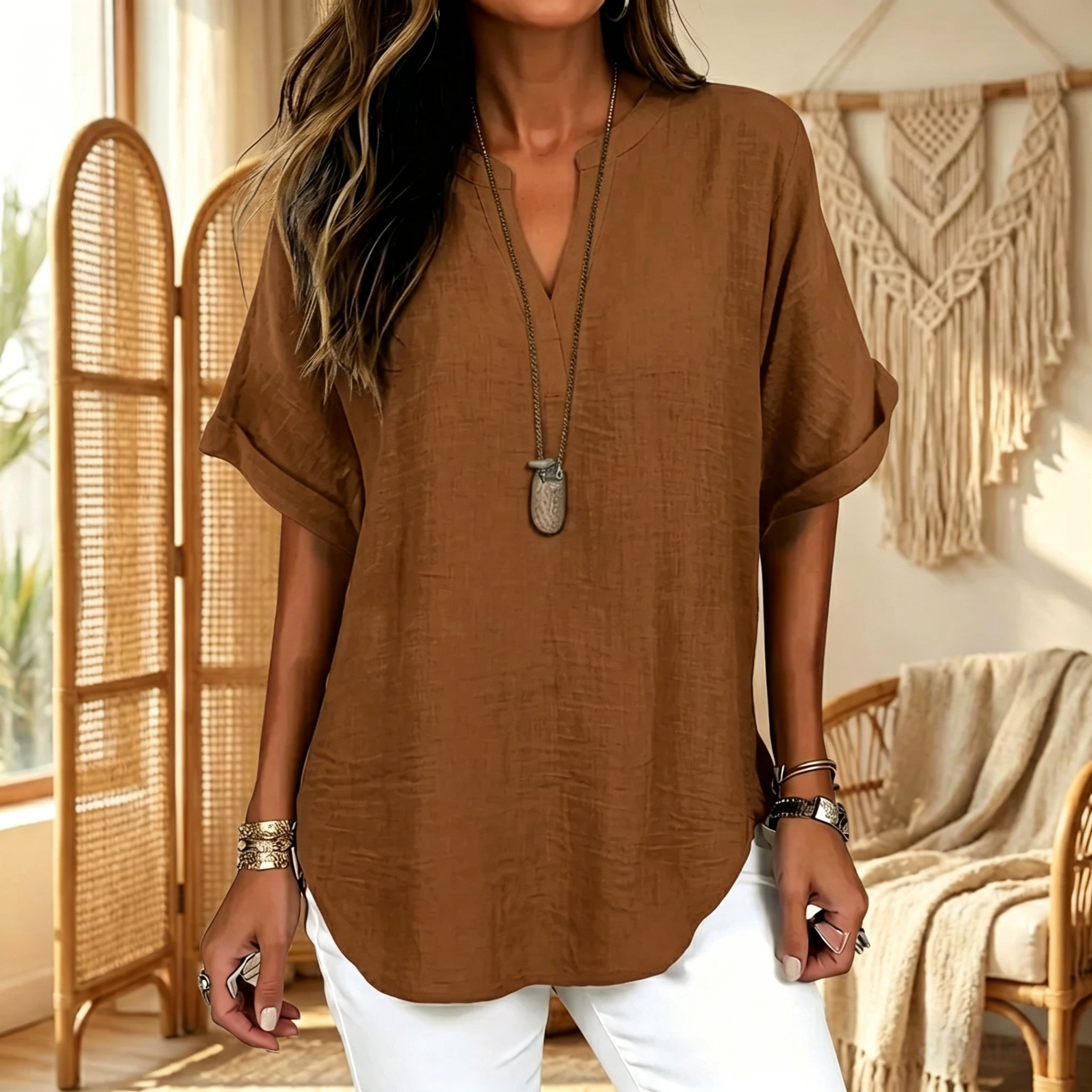 Women's Plain Short Sleeve Blouse, Casual Solid Color Top for Daily Wear, Ladies Clothes for All Seasons