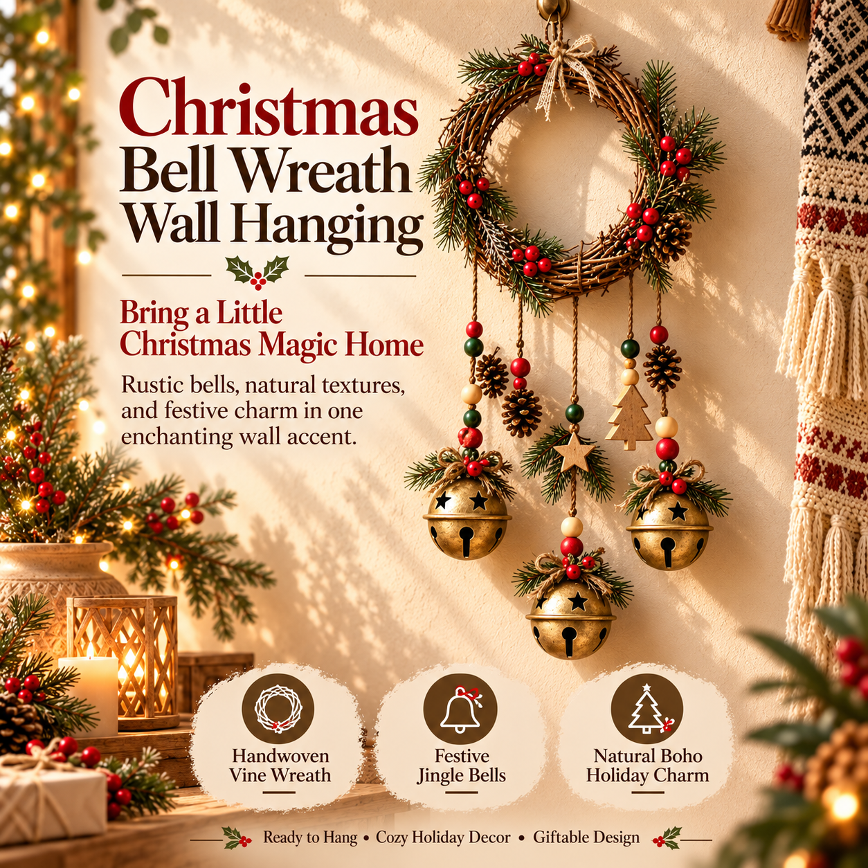🎄🔔Rustic Christmas Jingle Bell Wreath🔥 – Farmhouse Wall Hanging with Pine, Berries & Wooden Charms