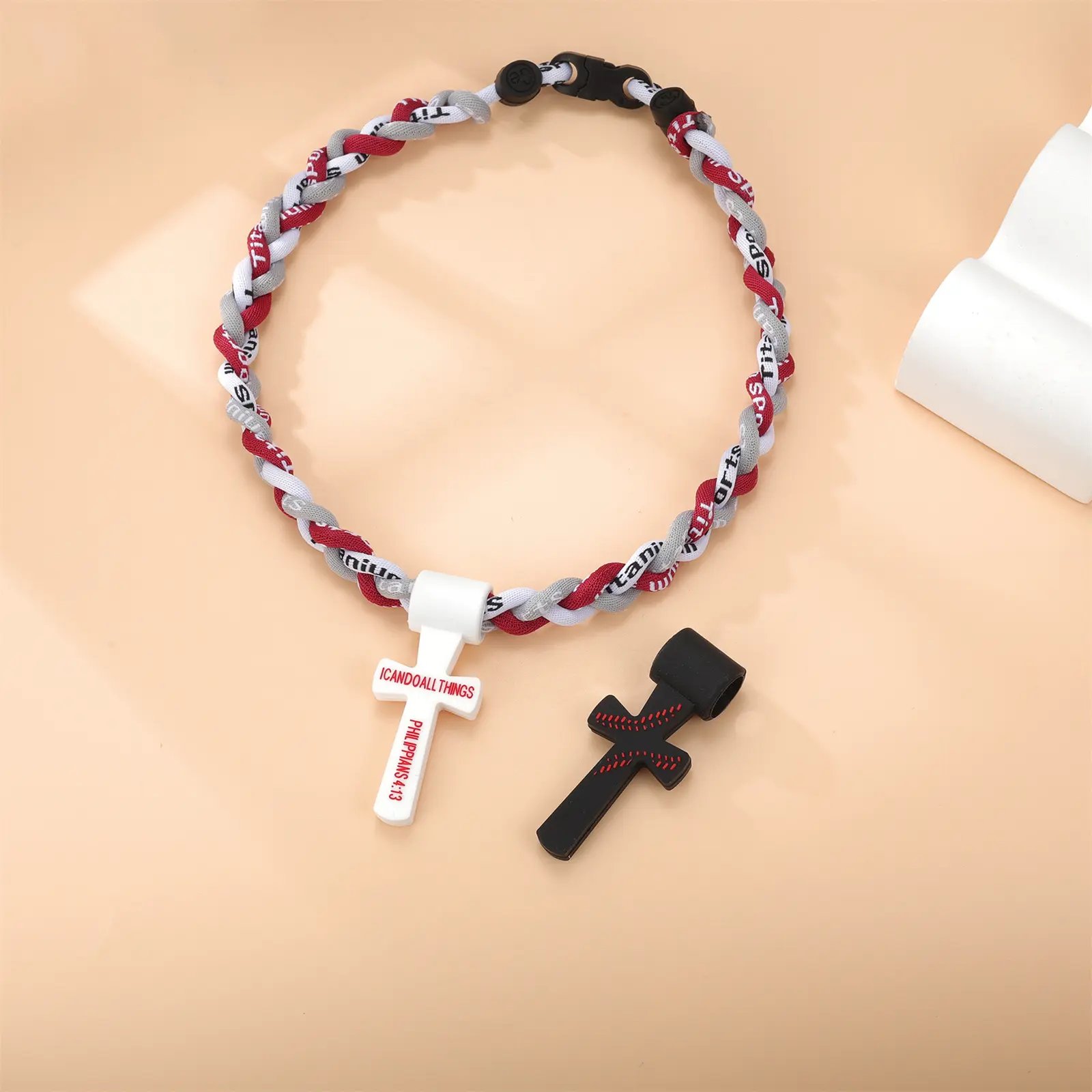 Triple-Rope Tornado Baseball Necklace Cross Charm Pendant with "I CAN DO ALL THINGS PHL4:13