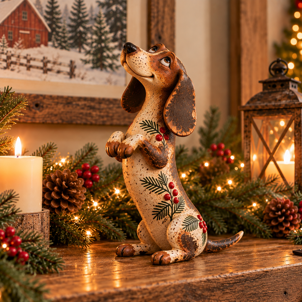 Christmas Dachshund Figurine – Rustic Farmhouse Holiday Dog Decor with Holly & Evergreen Accents