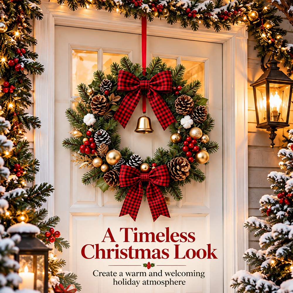 Christmas Buffalo Plaid Pinecone Wreath with Bell