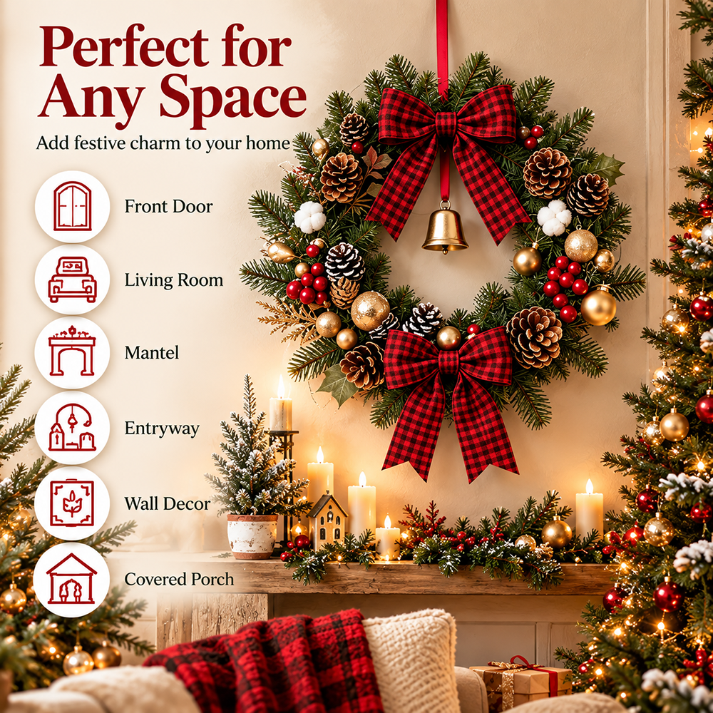 Christmas Buffalo Plaid Pinecone Wreath with Bell