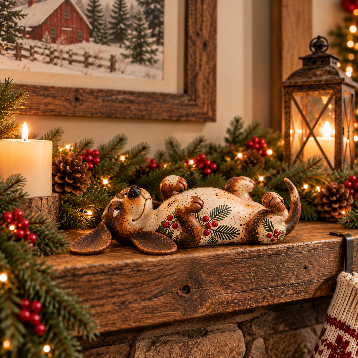 Christmas Dachshund Figurine – Rustic Farmhouse Holiday Dog Decor with Holly & Evergreen Accents
