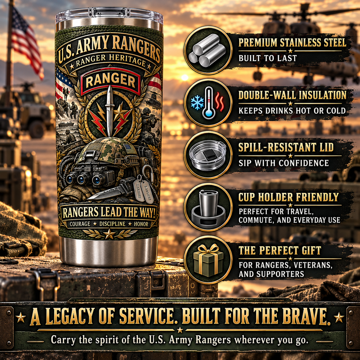 🔥 Limited-Time Offer — U.S. Army Rangers “Rangers Lead the Way!” Heritage Insulated Travel Tumbler