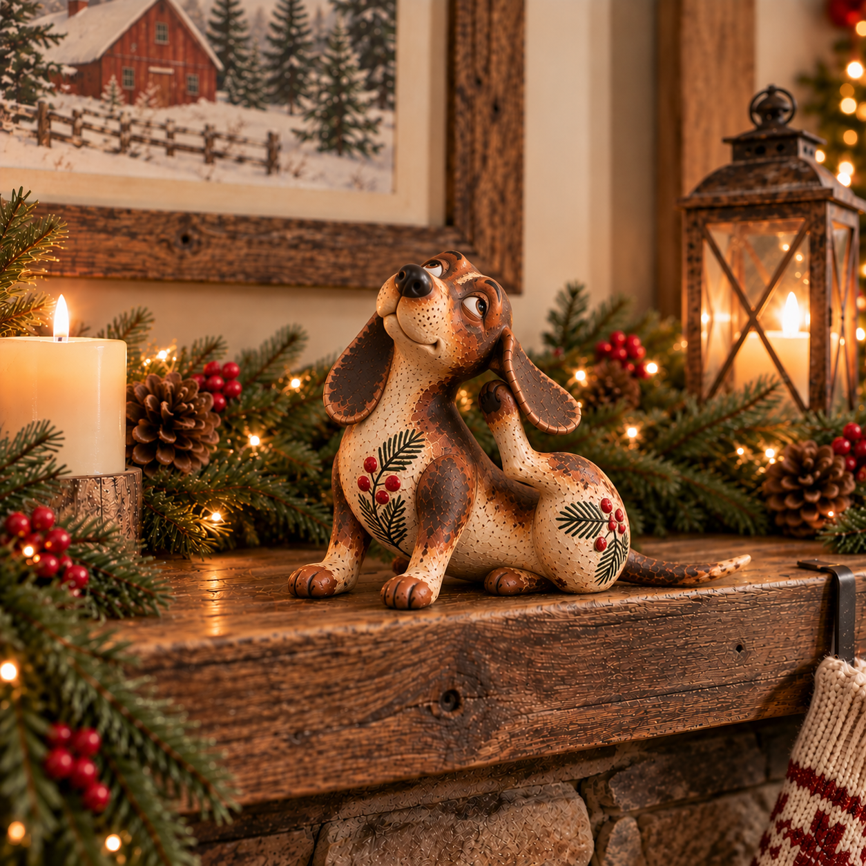 Christmas Dachshund Figurine – Rustic Farmhouse Holiday Dog Decor with Holly & Evergreen Accents