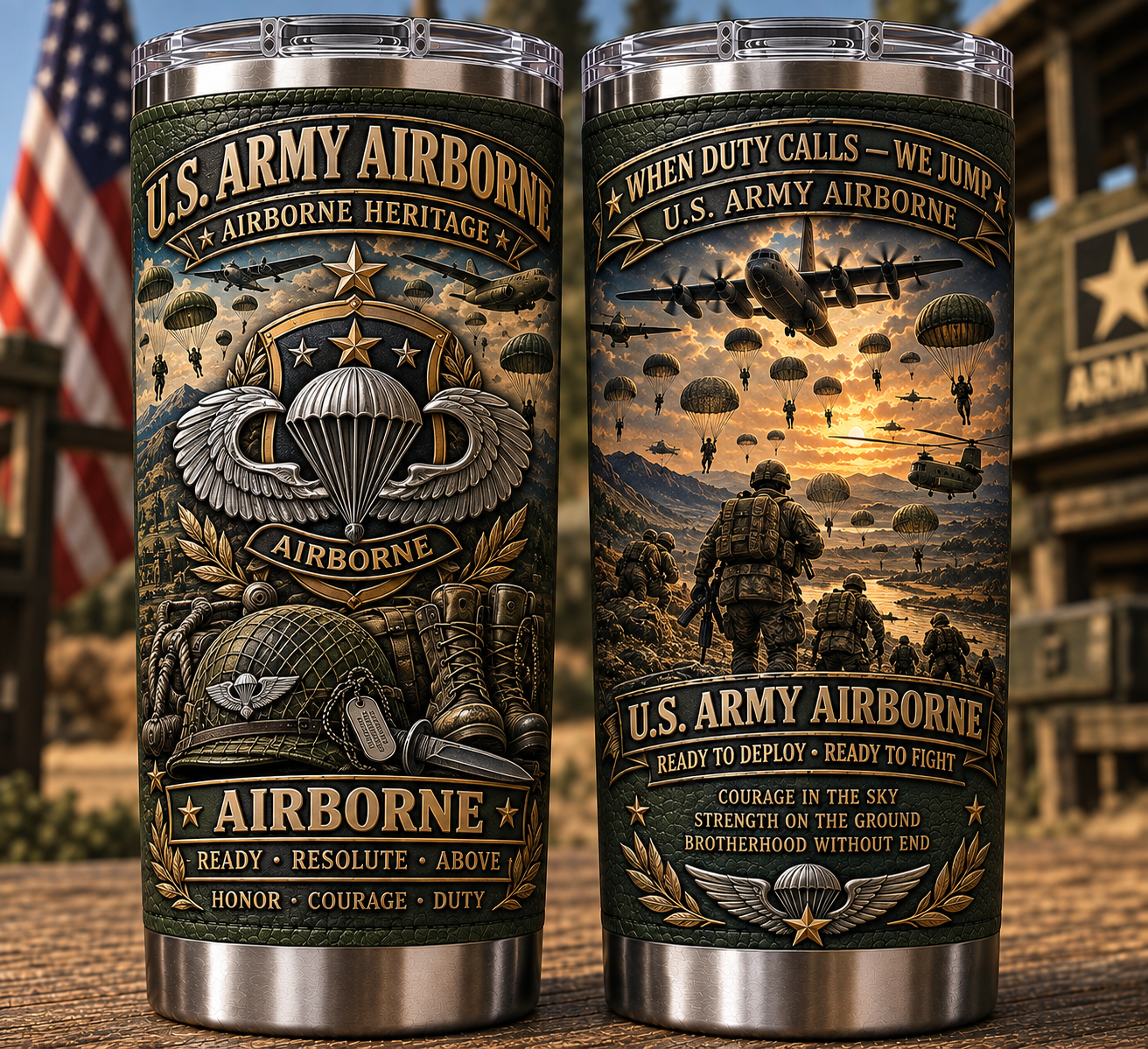🔥 Limited-Time Offer — U.S. Army Airborne “When Duty Calls — We Jump” Heritage Insulated Travel Tumbler