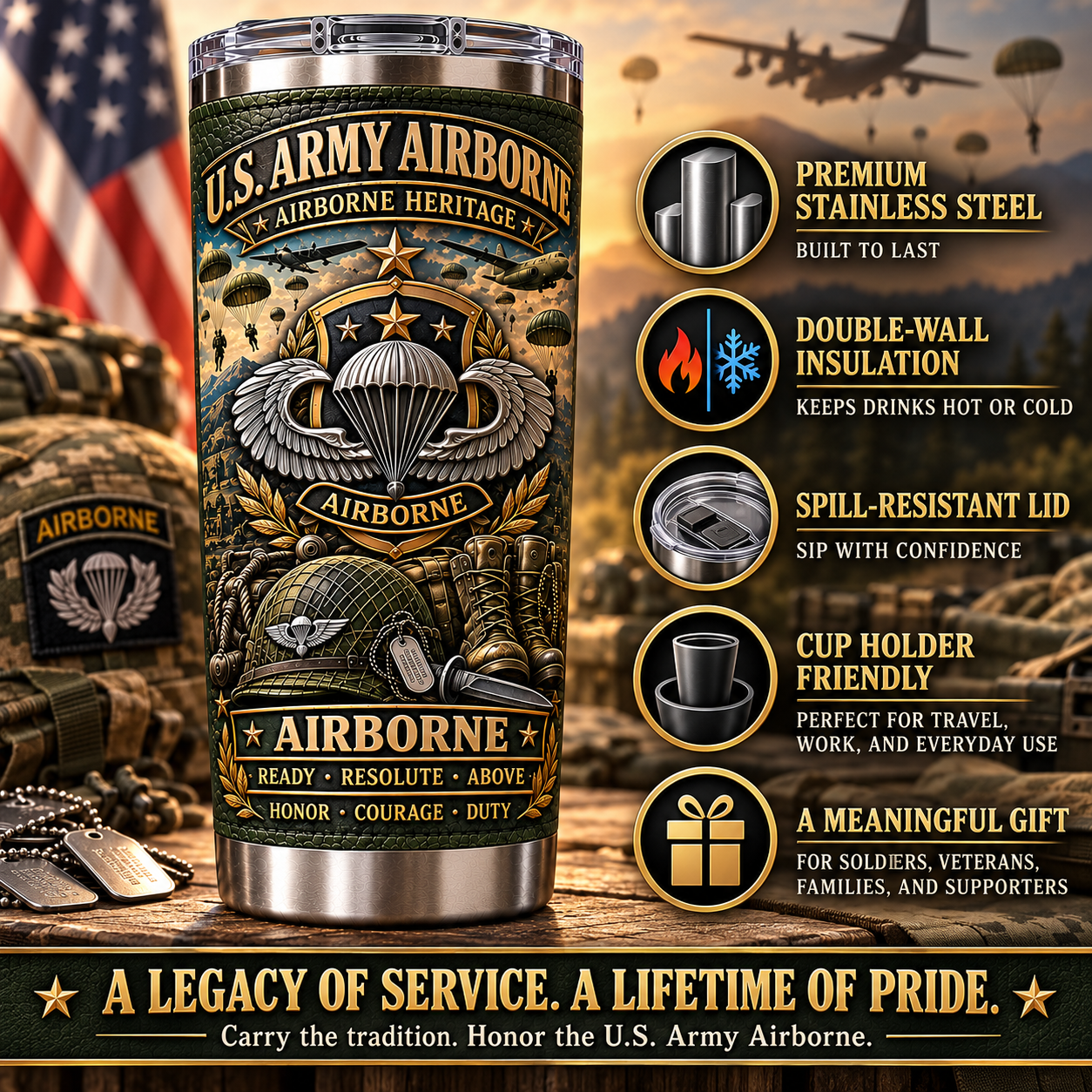 🔥 Limited-Time Offer — U.S. Army Airborne “When Duty Calls — We Jump” Heritage Insulated Travel Tumbler