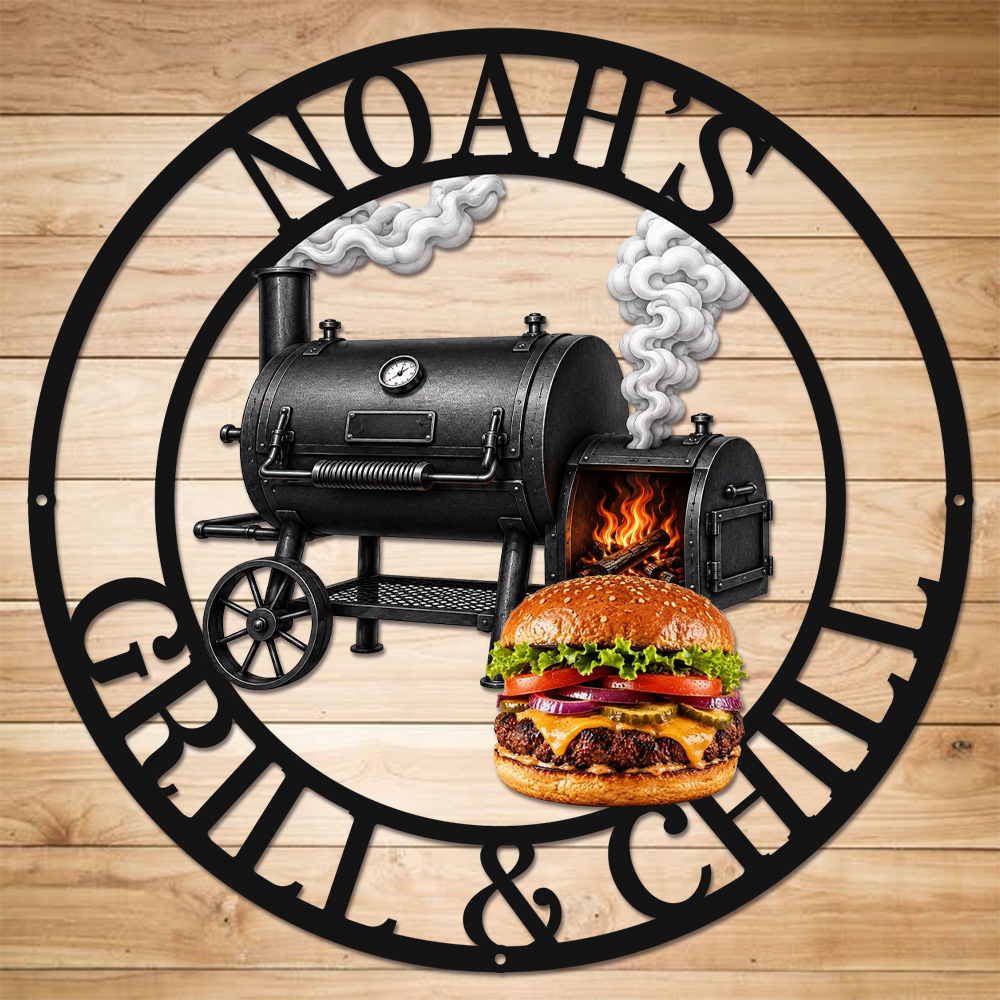 Custom BBQ Shaped Metal Sign - Personalized Grilling Gifts For BBQ Lovers, Husband, Son, Grandson, Brother, Grandpa, Dad, Yourself - Smoke Fire Good Times