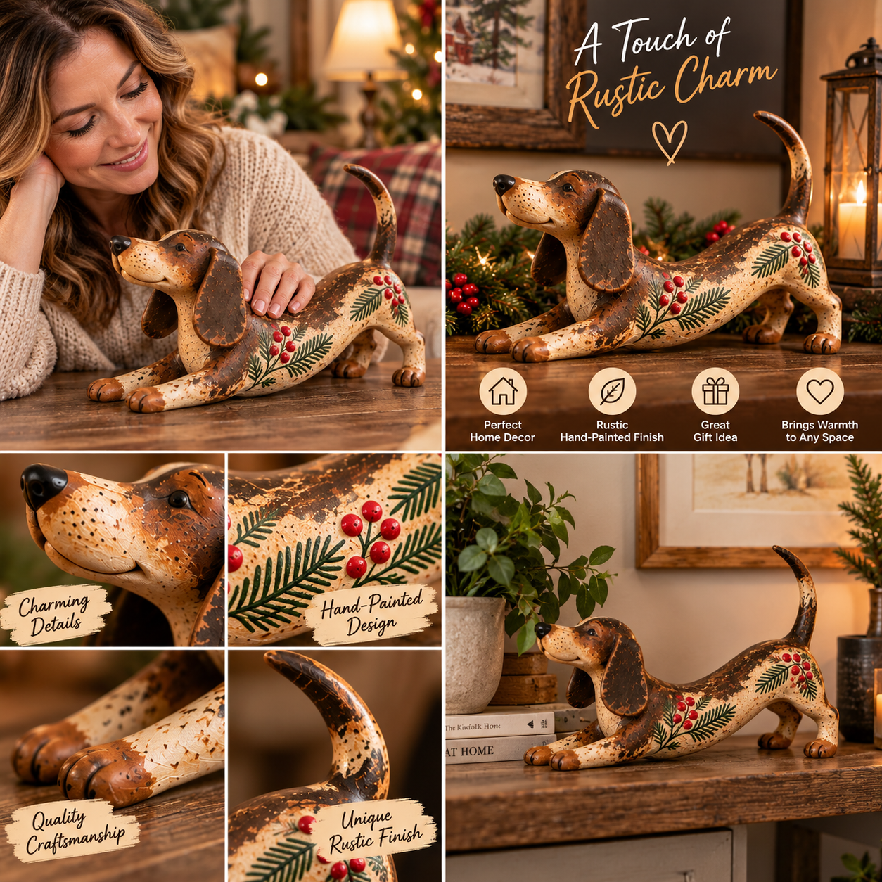 Christmas Dachshund Figurine – Rustic Farmhouse Holiday Dog Decor with Holly & Evergreen Accents