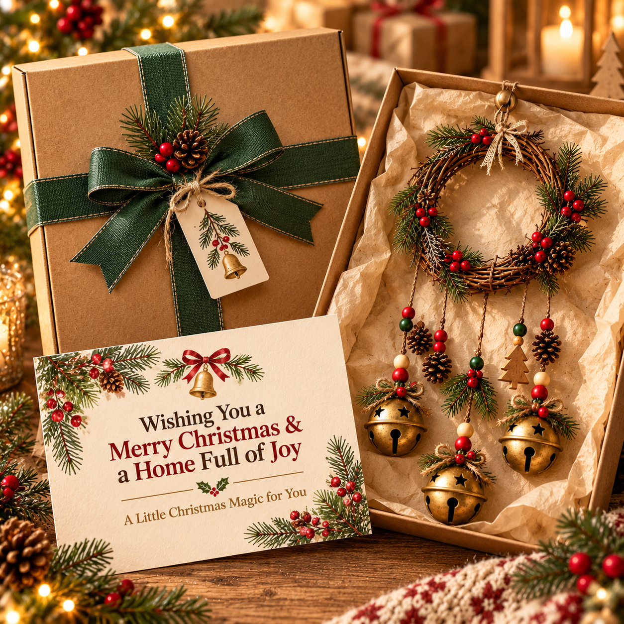🎄🔔Rustic Christmas Jingle Bell Wreath🔥 – Farmhouse Wall Hanging with Pine, Berries & Wooden Charms