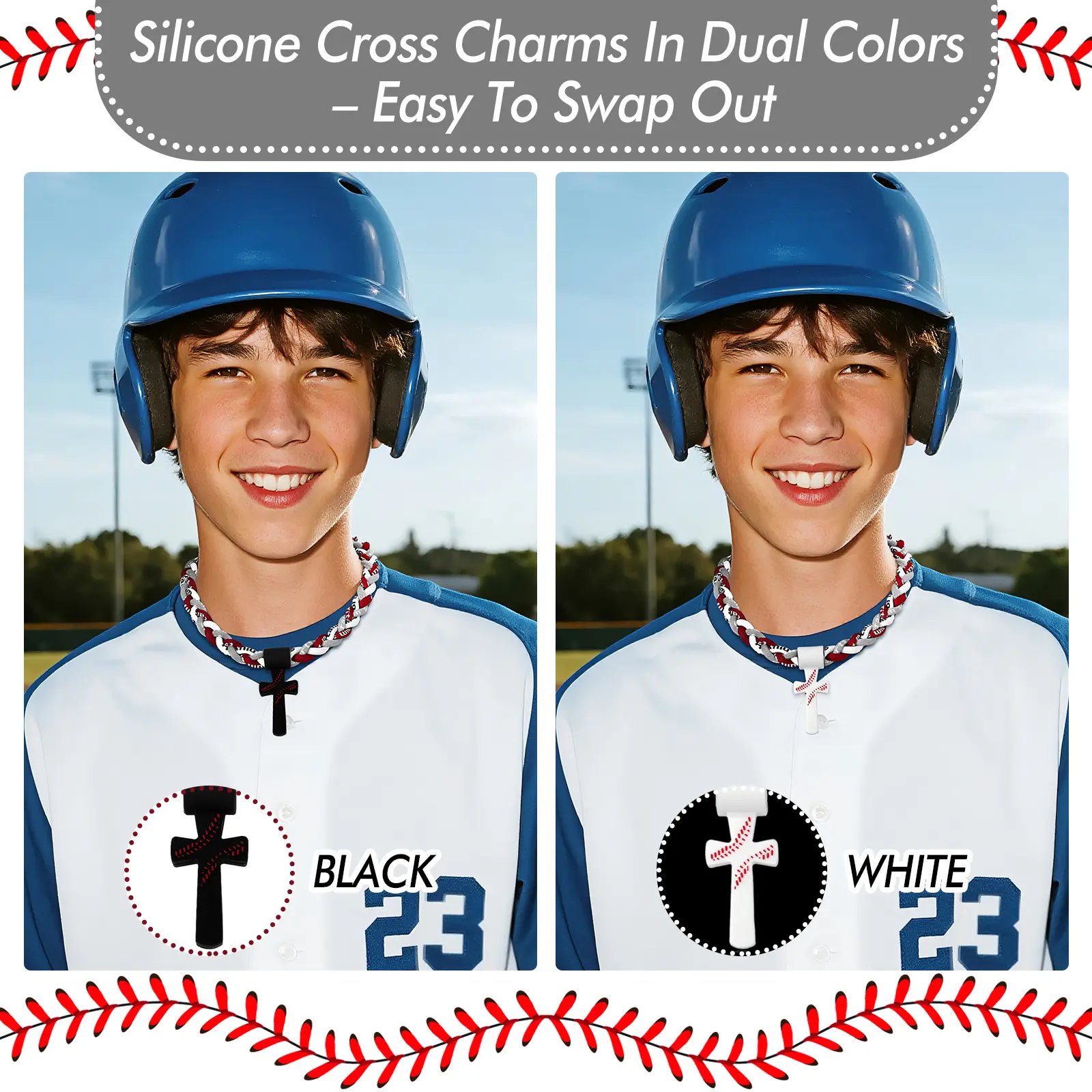 Triple-Rope Tornado Baseball Necklace Cross Charm Pendant with "I CAN DO ALL THINGS PHL4:13