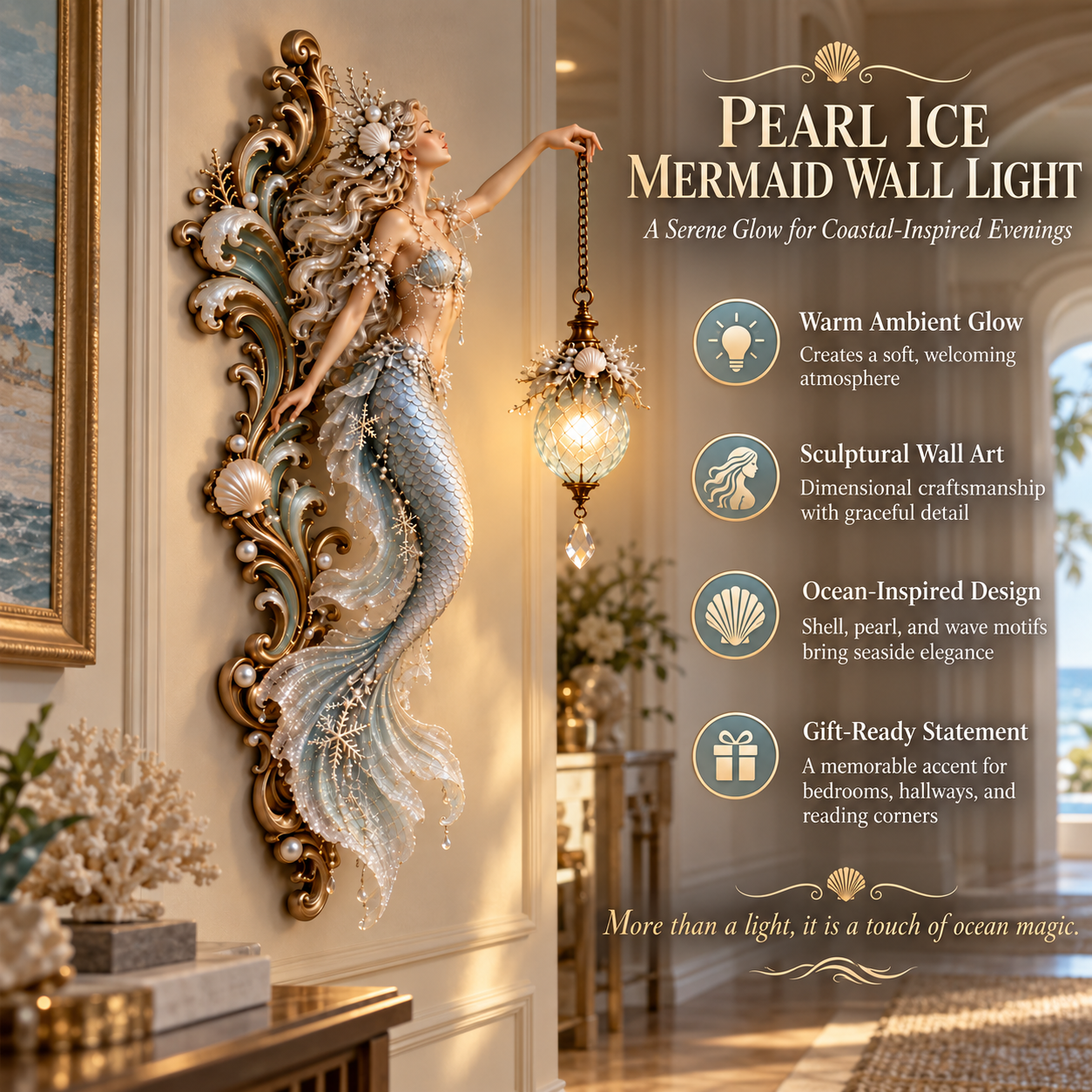 Pearl Ice Mermaid Wall Light — Sculptural Beauty with a Gentle Ocean Glow