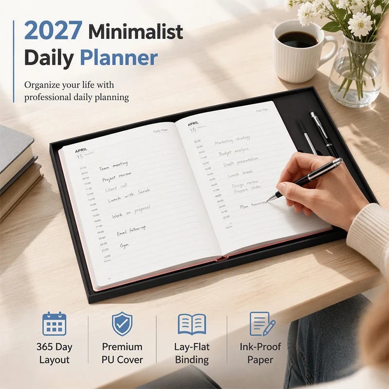 📔50% OFF NOW! 2027 Minimalist Daily Planner Notebook‐ 365‐Day Layout Journal, Lay‐Flat Binding Ink‐Proof Paper PU Cover Agenda for Time Management