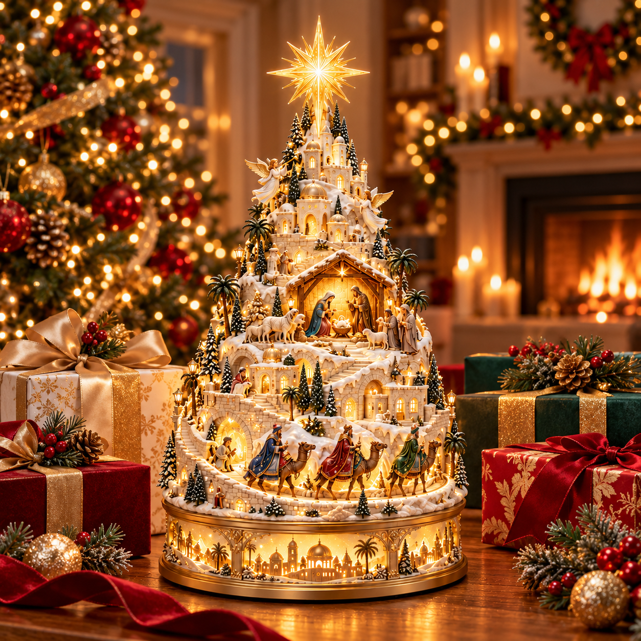 Illuminated Bethlehem Nativity Village Tree – Lighted Christian Christmas Centerpiece