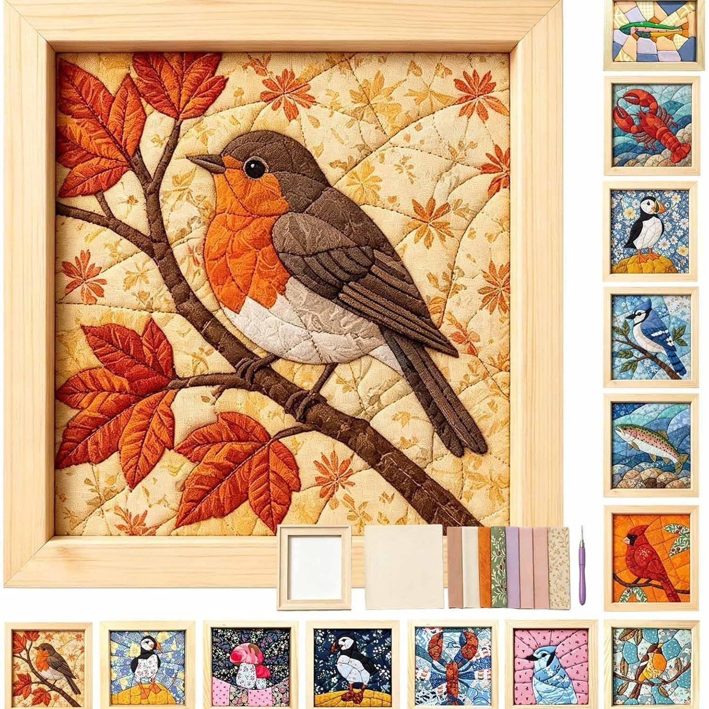 Robin red-breast fabric wall art with fall foliage
