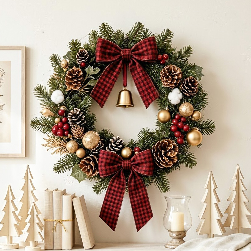 Christmas Buffalo Plaid Pinecone Wreath with Bell
