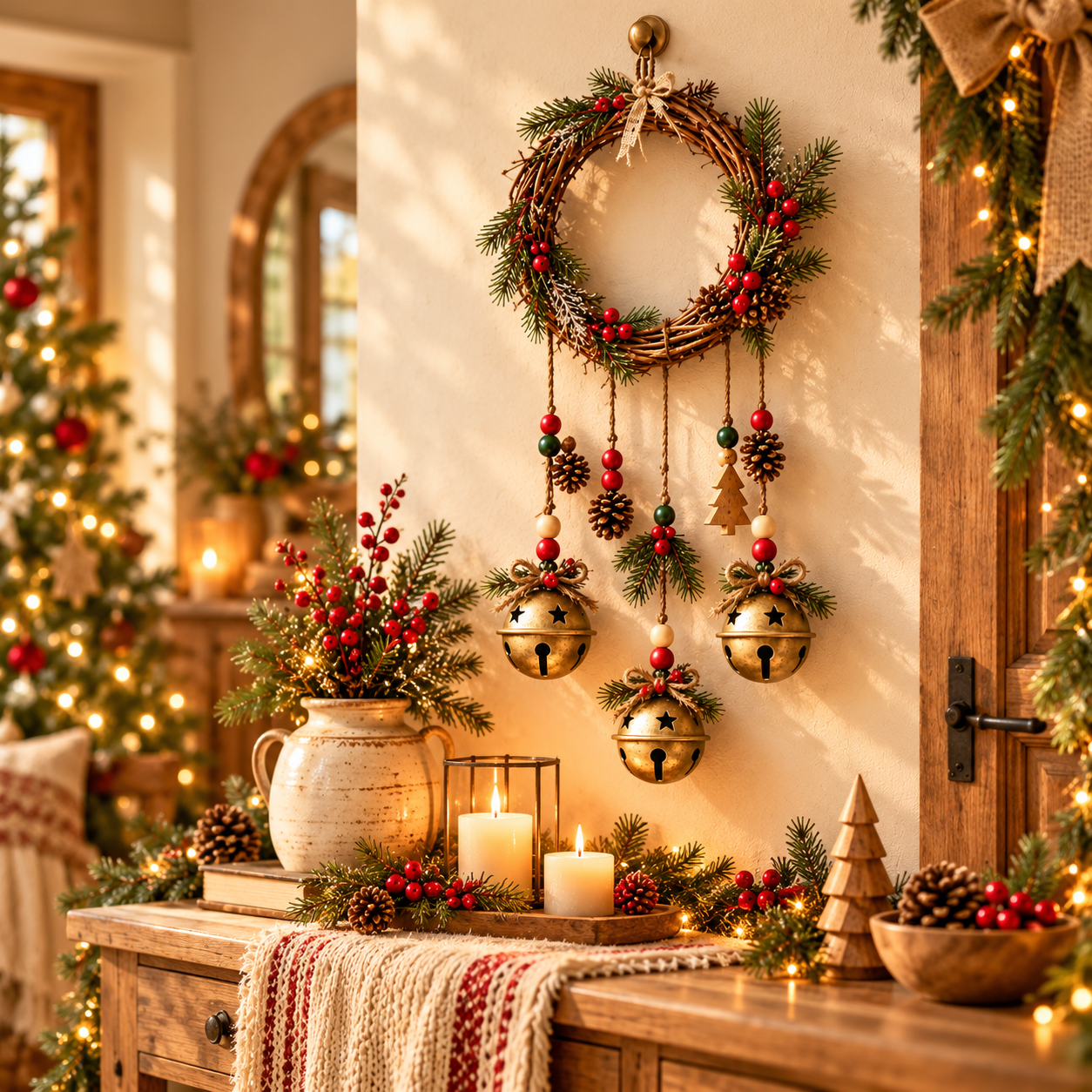 🎄🔔Rustic Christmas Jingle Bell Wreath🔥 – Farmhouse Wall Hanging with Pine, Berries & Wooden Charms
