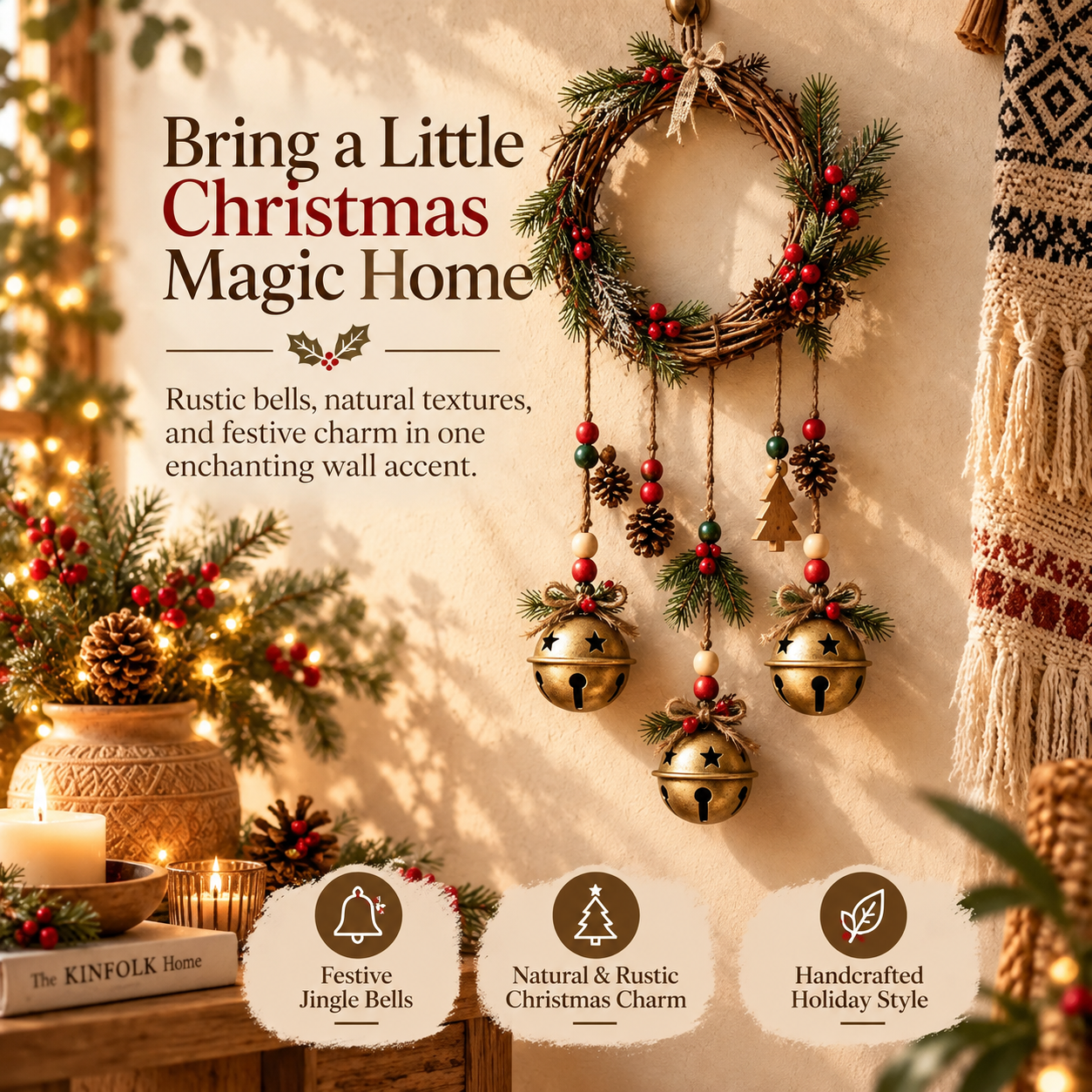 🎄🔔Rustic Christmas Jingle Bell Wreath🔥 – Farmhouse Wall Hanging with Pine, Berries & Wooden Charms