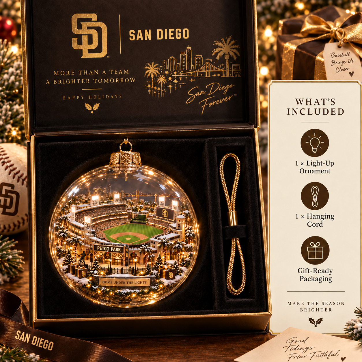 ⚾🎄 Faith. Family. Baseball. – Light-Up Baseball Heritage Christmas Ornament