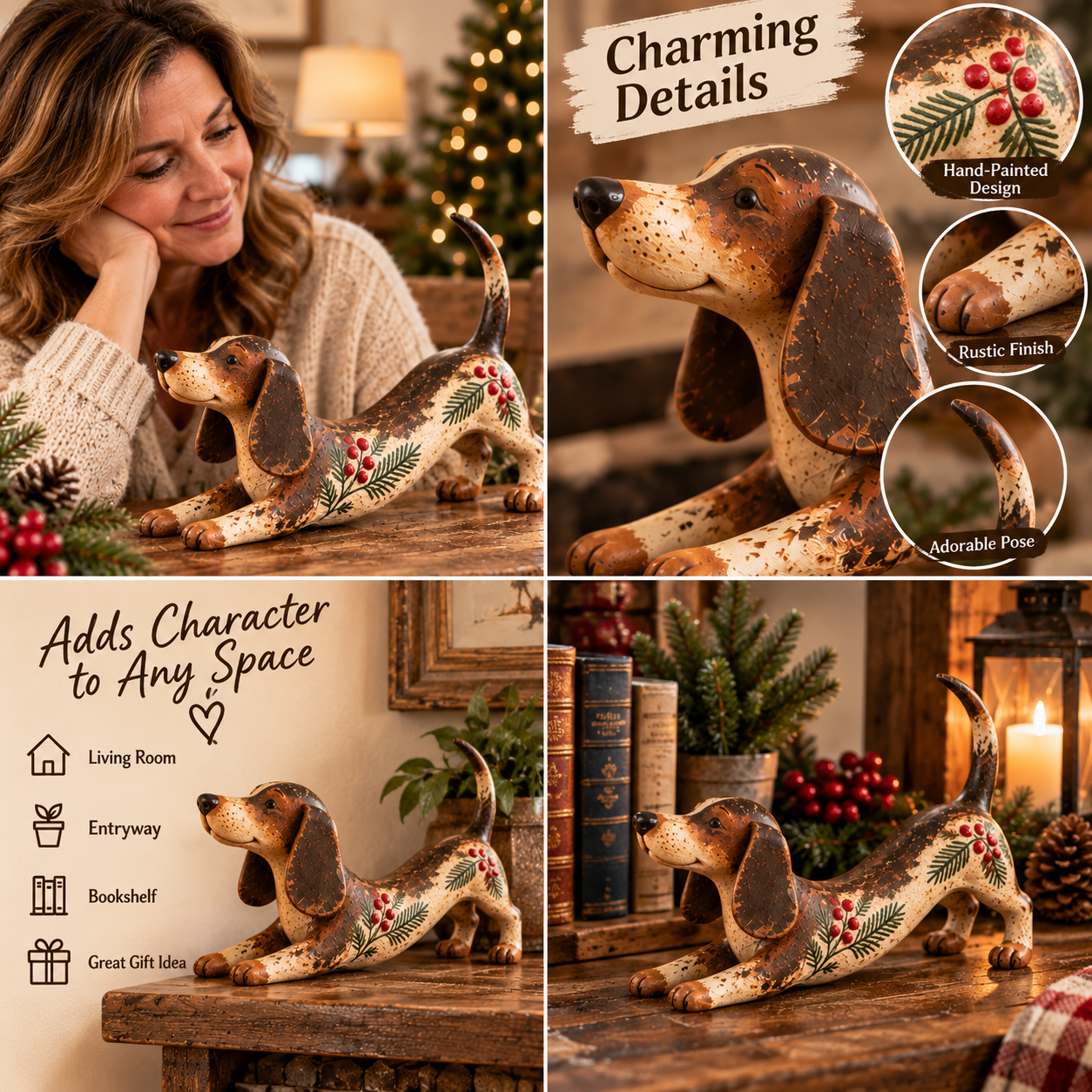 Christmas Dachshund Figurine – Rustic Farmhouse Holiday Dog Decor with Holly & Evergreen Accents