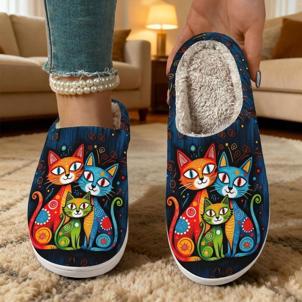 🔥Last Day 50% OFF - Funny Cat Lovers Winter Slippers — Cute Artistic Fleece-Lined Shoes, Wide Fit Cozy Non-Slip