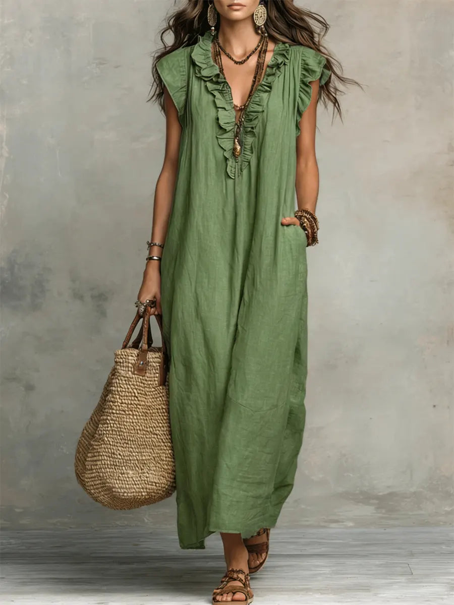 Women's Solid Color Ruffled Art Casual Fashion Cozy Cotton Linen Dress