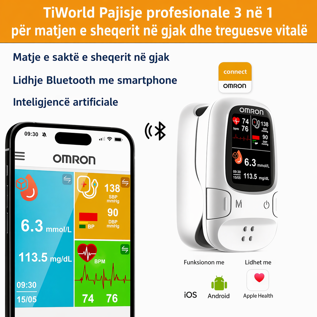 Omron™ 2026 Matës i ri inteligjent i glukozës në gjak 11-në-1 jo-invaziv – Nuk nevojiten gjilpëra, matje e glukozës në gjak pa dhimbje