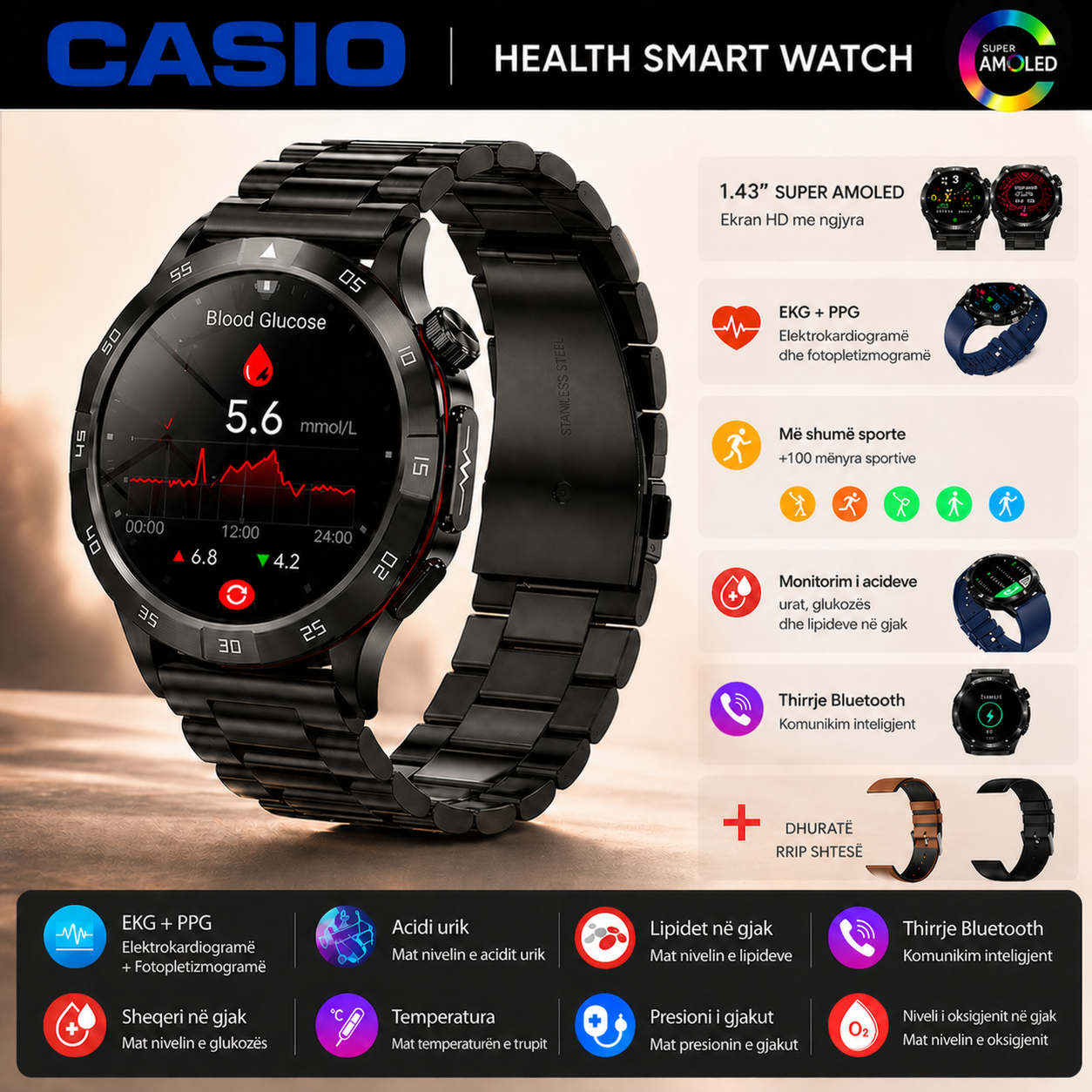 Orë Inteligjente AMOLED në Stilin CASIO™ – Monitorim i Sheqerit në Gjak, Thirrje me Bluetooth, 100+ Modalitete Sportive