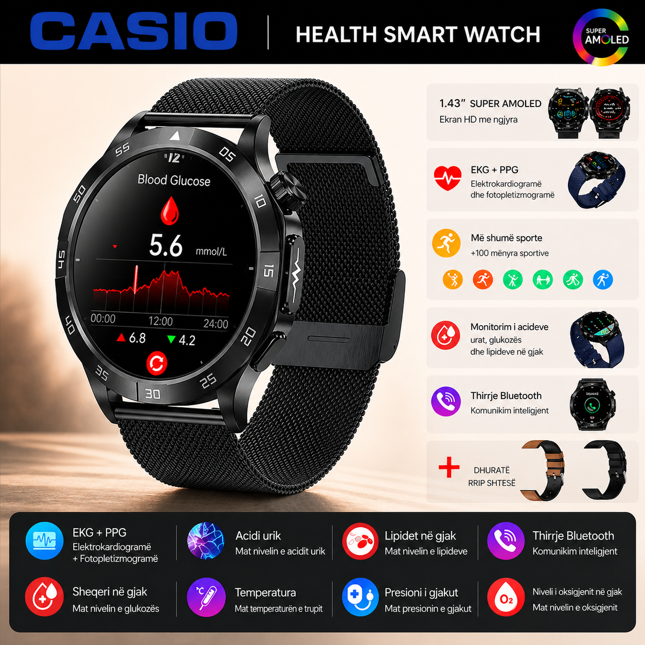 Orë Inteligjente AMOLED në Stilin CASIO™ – Monitorim i Sheqerit në Gjak, Thirrje me Bluetooth, 100+ Modalitete Sportive