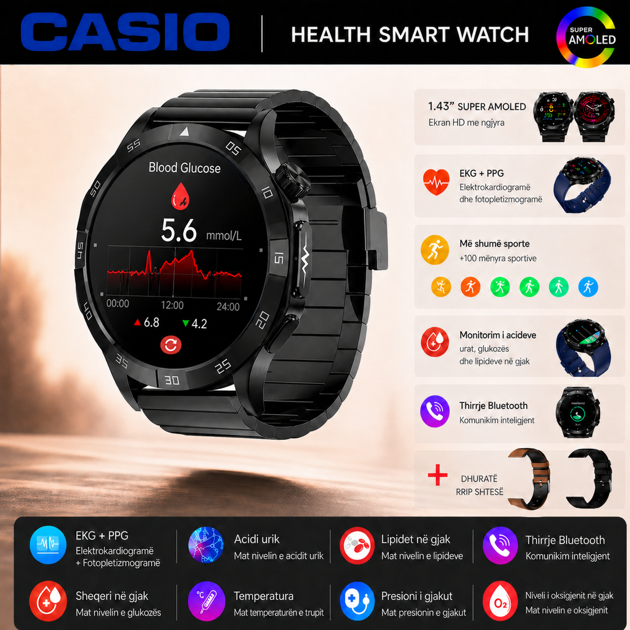 Orë Inteligjente AMOLED në Stilin CASIO™ – Monitorim i Sheqerit në Gjak, Thirrje me Bluetooth, 100+ Modalitete Sportive