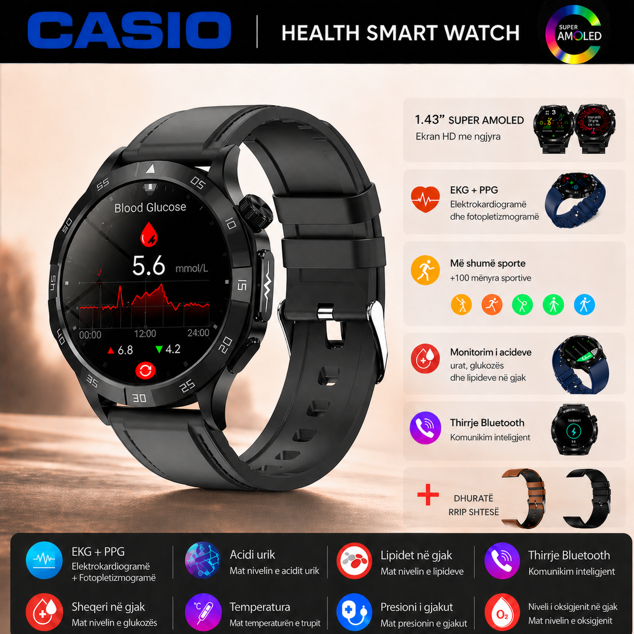 Orë Inteligjente AMOLED në Stilin CASIO™ – Monitorim i Sheqerit në Gjak, Thirrje me Bluetooth, 100+ Modalitete Sportive
