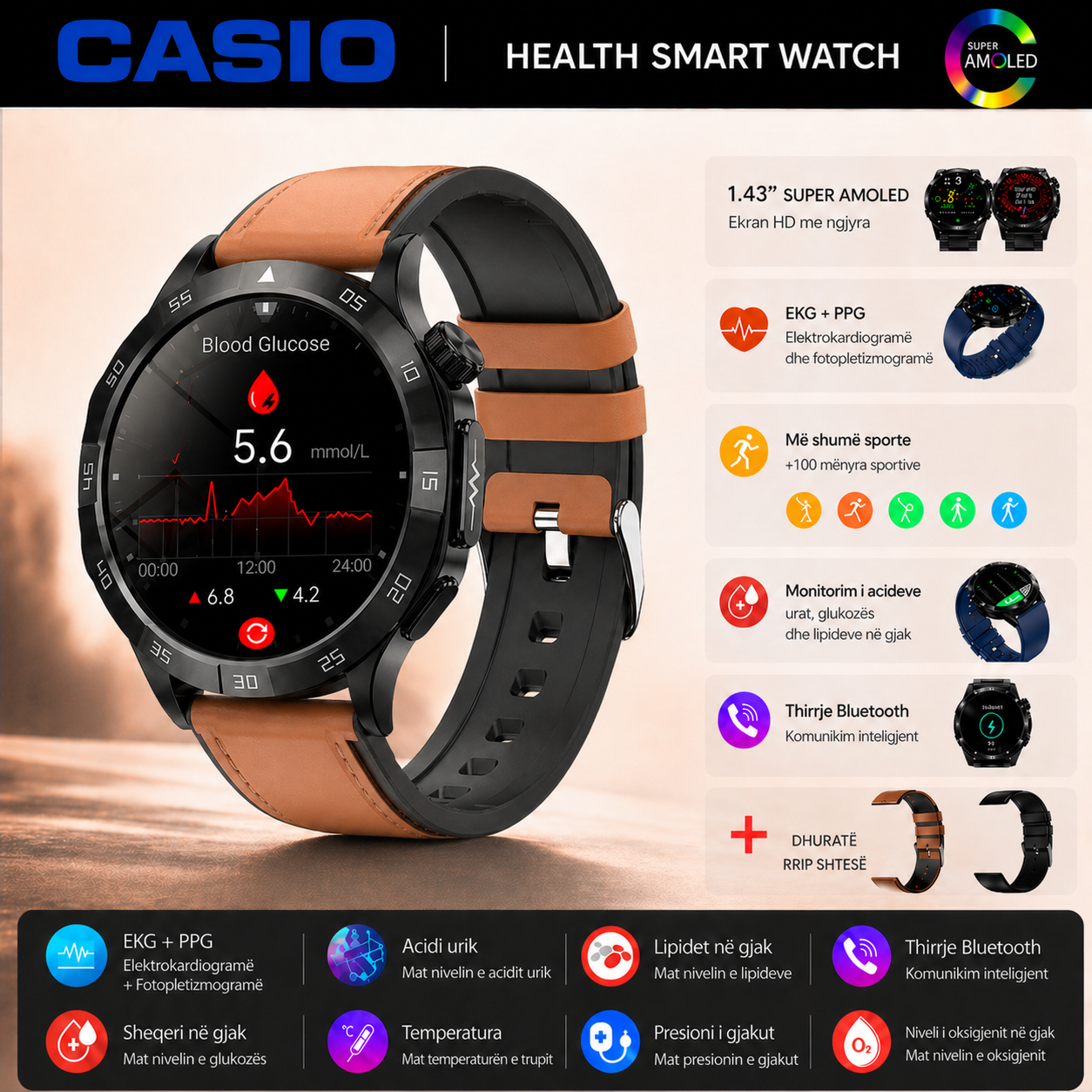 Orë Inteligjente AMOLED në Stilin CASIO™ – Monitorim i Sheqerit në Gjak, Thirrje me Bluetooth, 100+ Modalitete Sportive