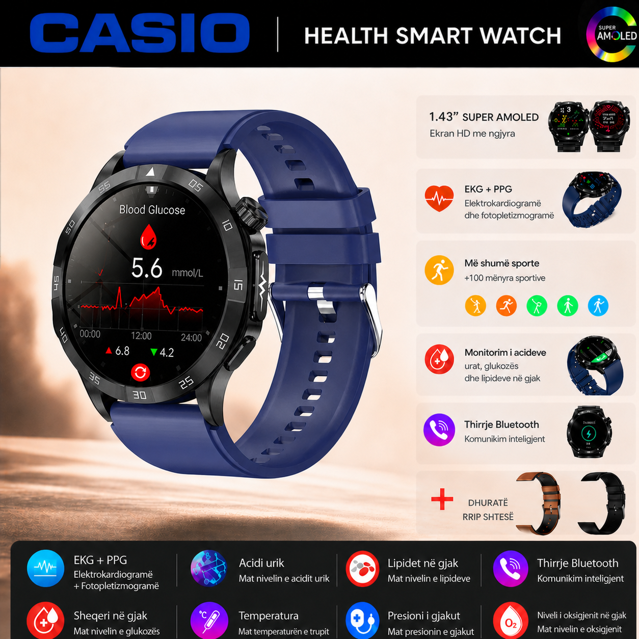 Orë Inteligjente AMOLED në Stilin CASIO™ – Monitorim i Sheqerit në Gjak, Thirrje me Bluetooth, 100+ Modalitete Sportive