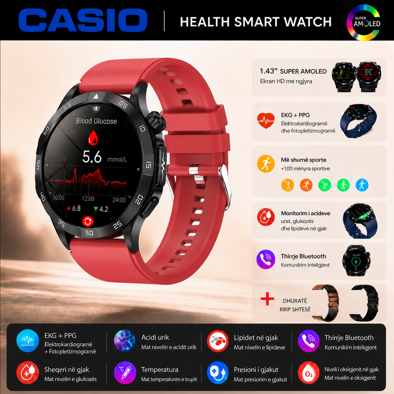 Orë Inteligjente AMOLED në Stilin CASIO™ – Monitorim i Sheqerit në Gjak, Thirrje me Bluetooth, 100+ Modalitete Sportive