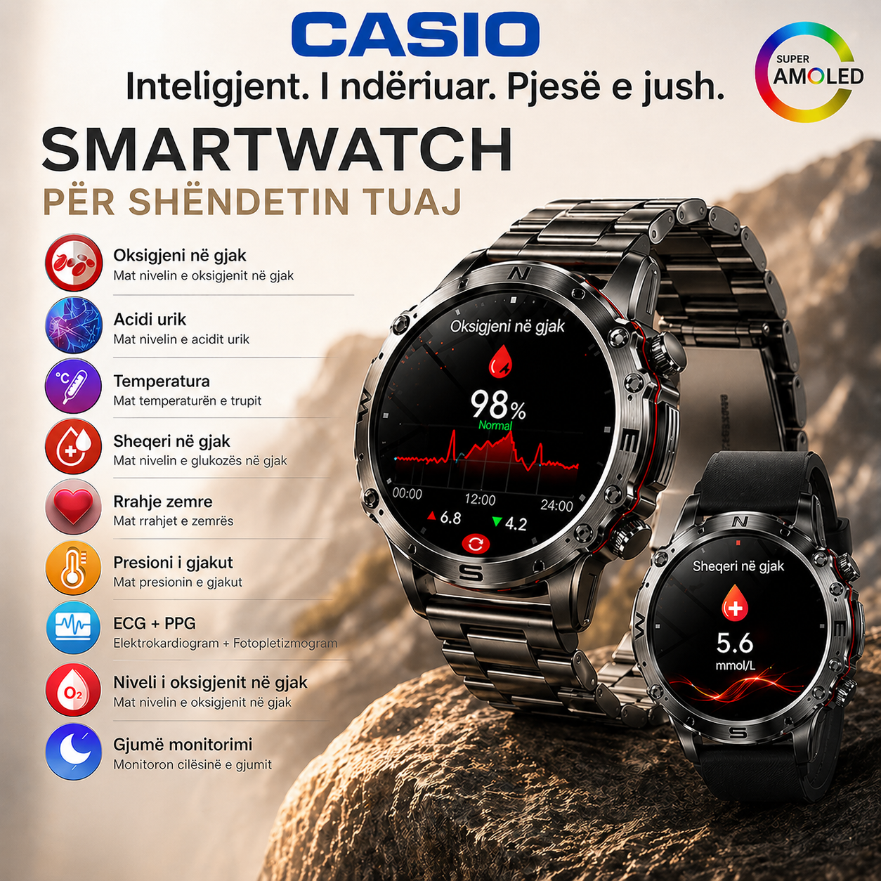 Orë Inteligjente AMOLED në Stilin CASIO™ – Monitorim i Sheqerit në Gjak, Thirrje me Bluetooth, 100+ Modalitete Sportive