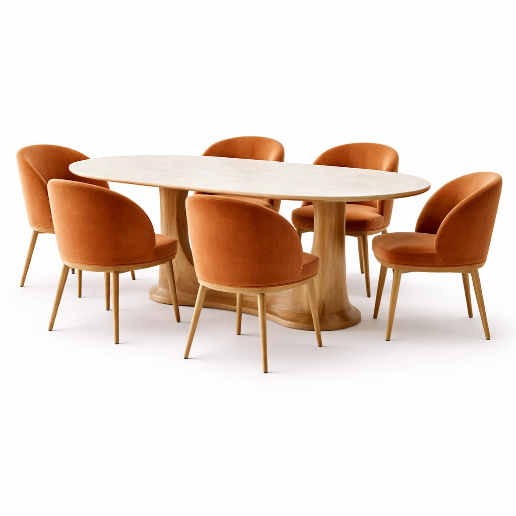 Ensemble table ovale et 6 chaises velours terracotta-nestarao
