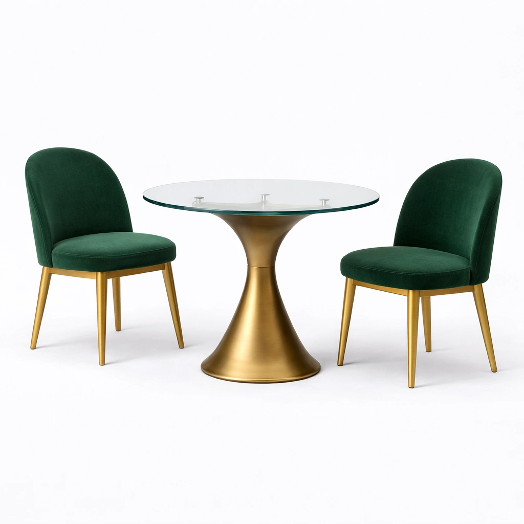 Ensemble table ronde verre et 2 chaises vert meraude-nestarao