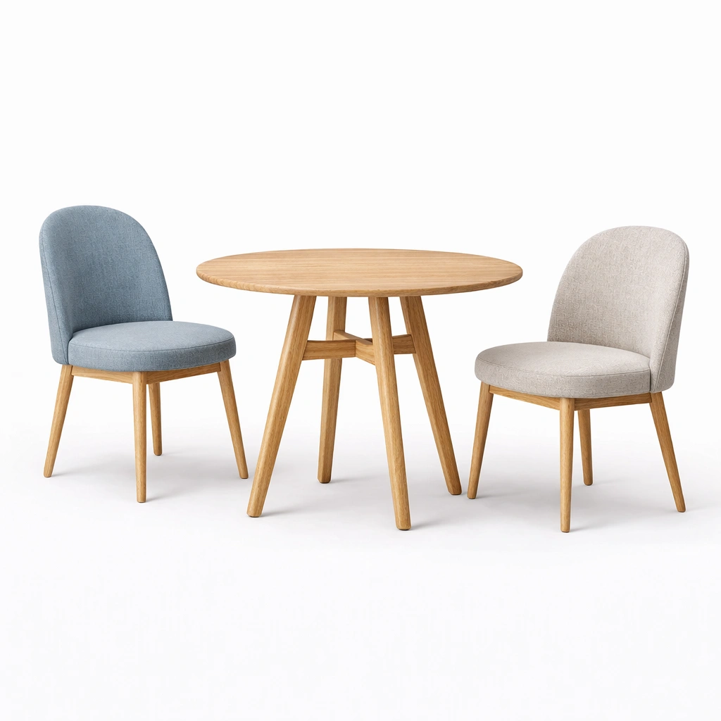 Ensemble repas rond bois naturel et 2 chaises pastel-nestarao