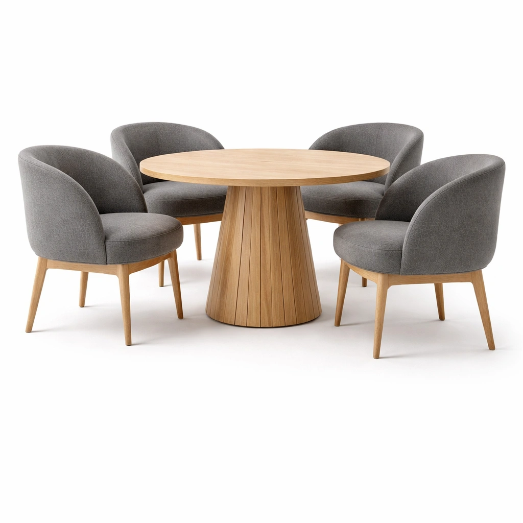 Ensemble table ronde pidestal et 4 fauteuils gris-nestarao