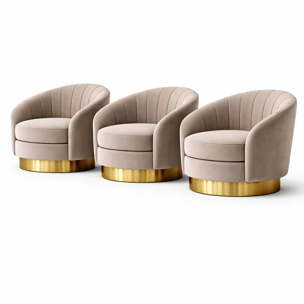 Lot de 3 fauteuils pivotants velours beige avec base dore-nestarao