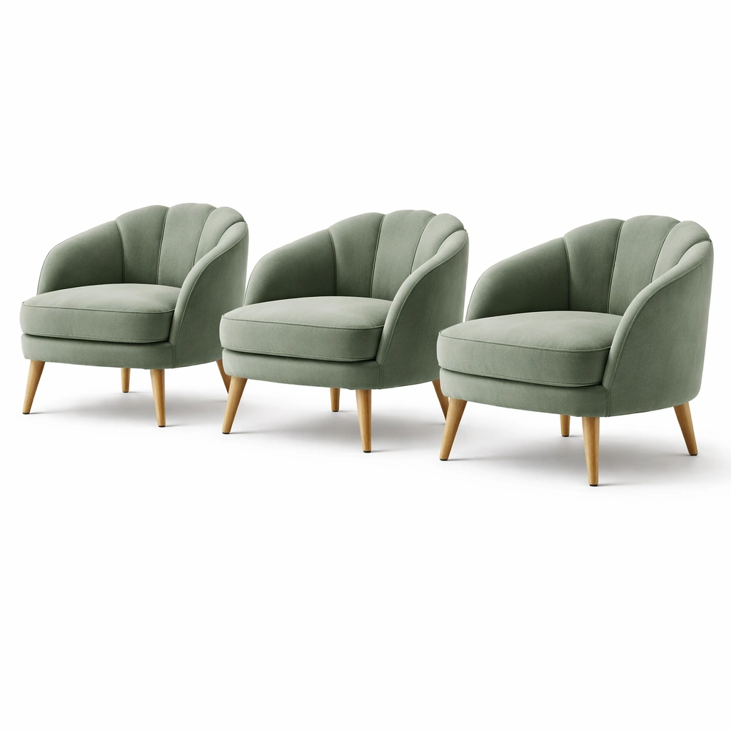 Lot de 3 fauteuils lounge vert sauge pieds bois-nestarao