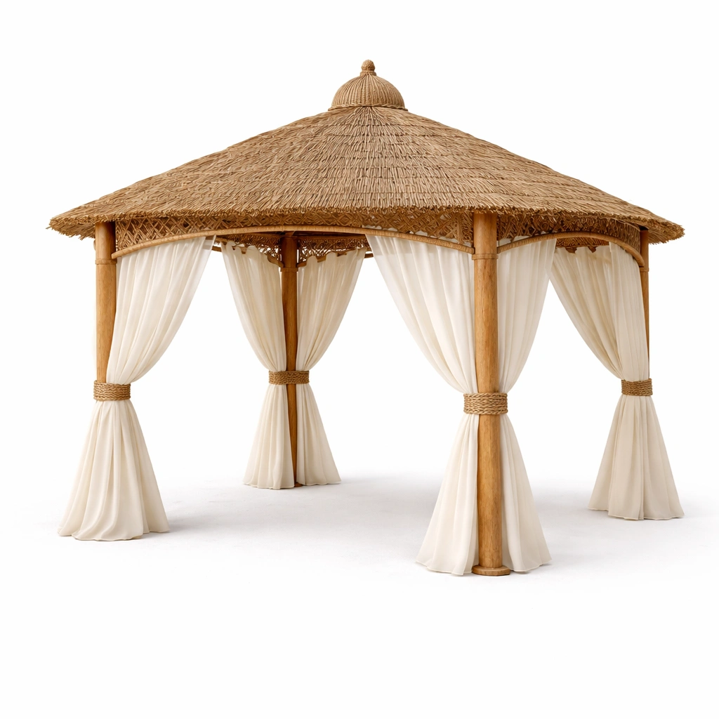 Gazebo tropical en chaume naturel avec rideaux-nestarao