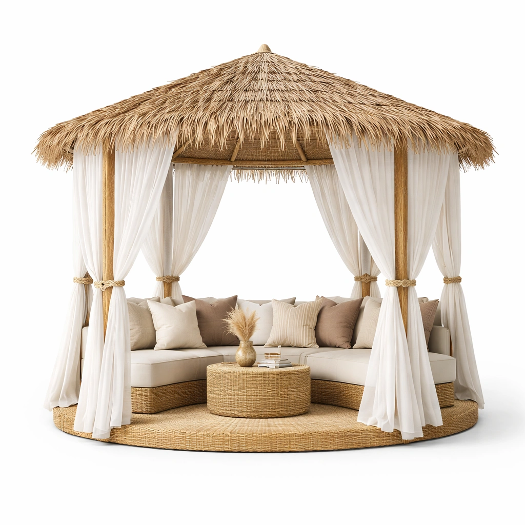 Pavillon lounge rond en style paillote avec banquette-nestarao