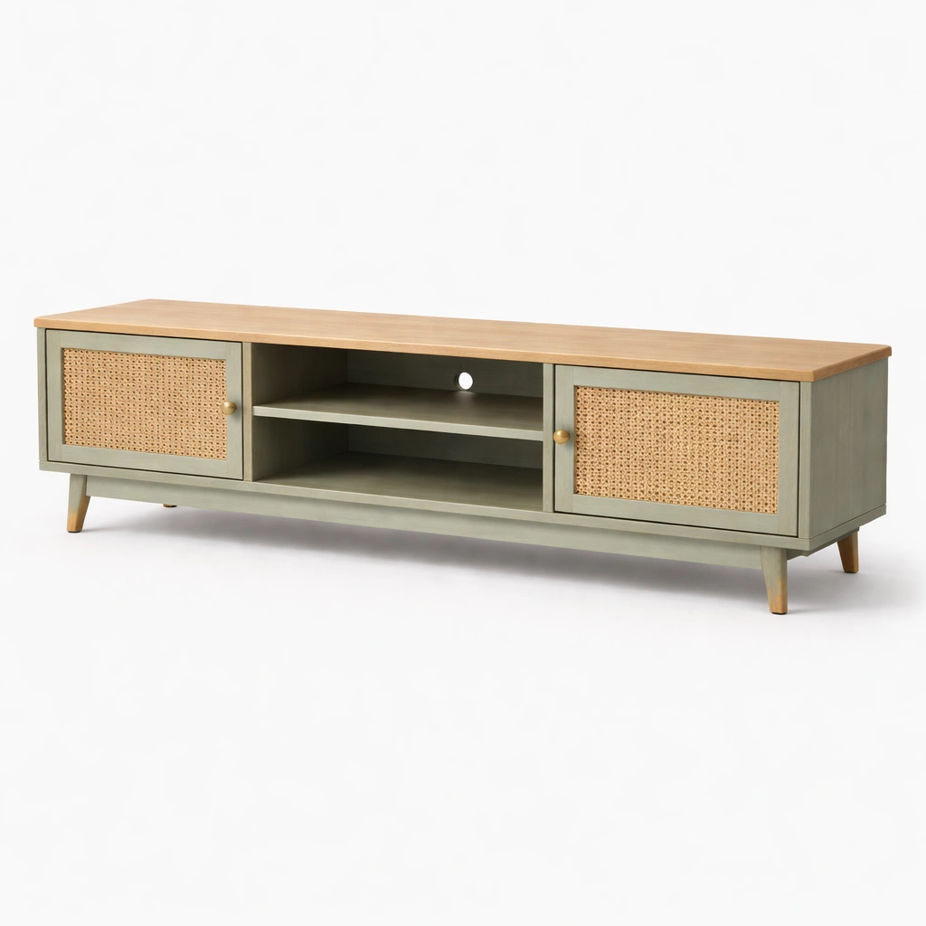 Meuble TV bois naturel et cannage vert olive-nestarao