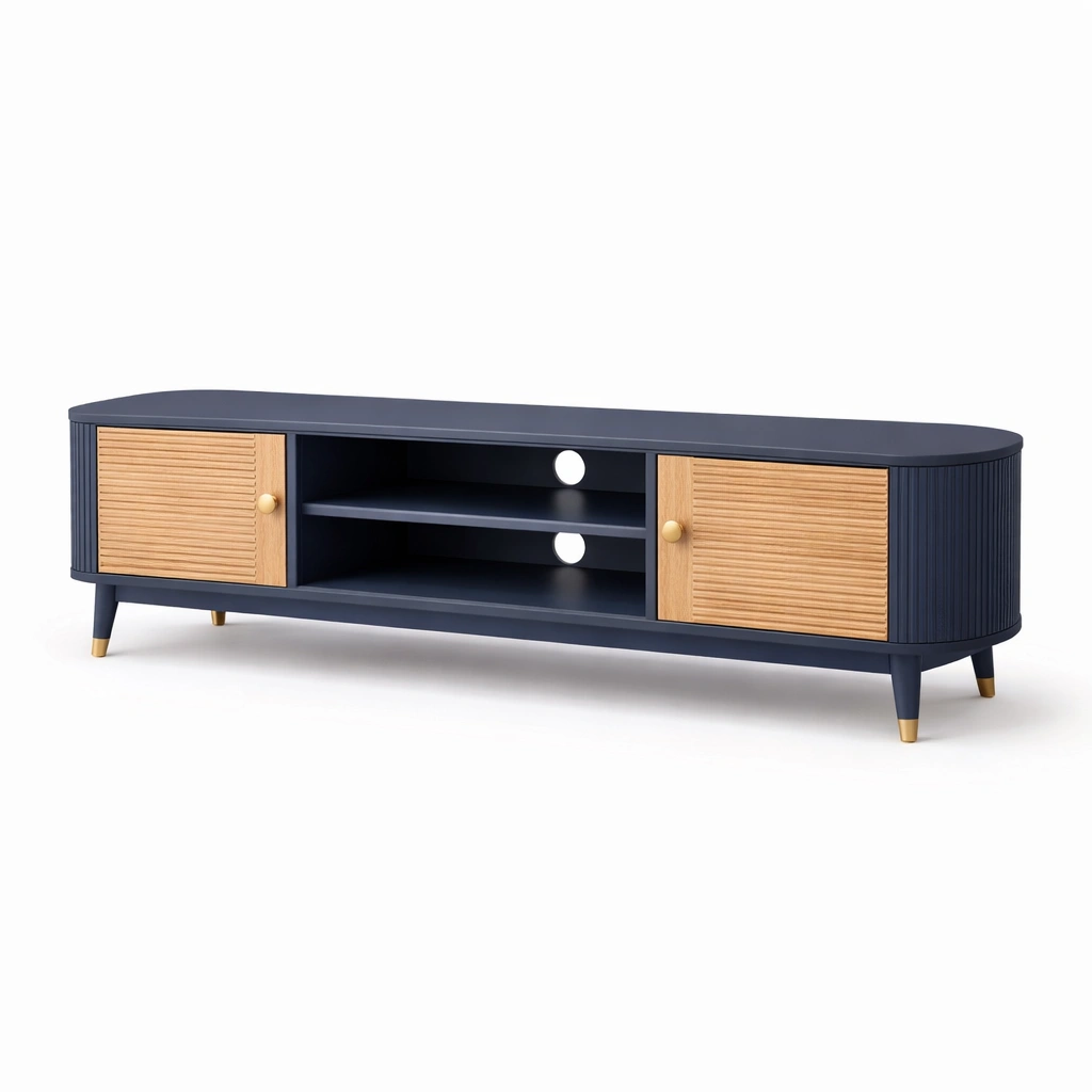 Meuble TV bleu marine avec portes bois rainur-nestarao